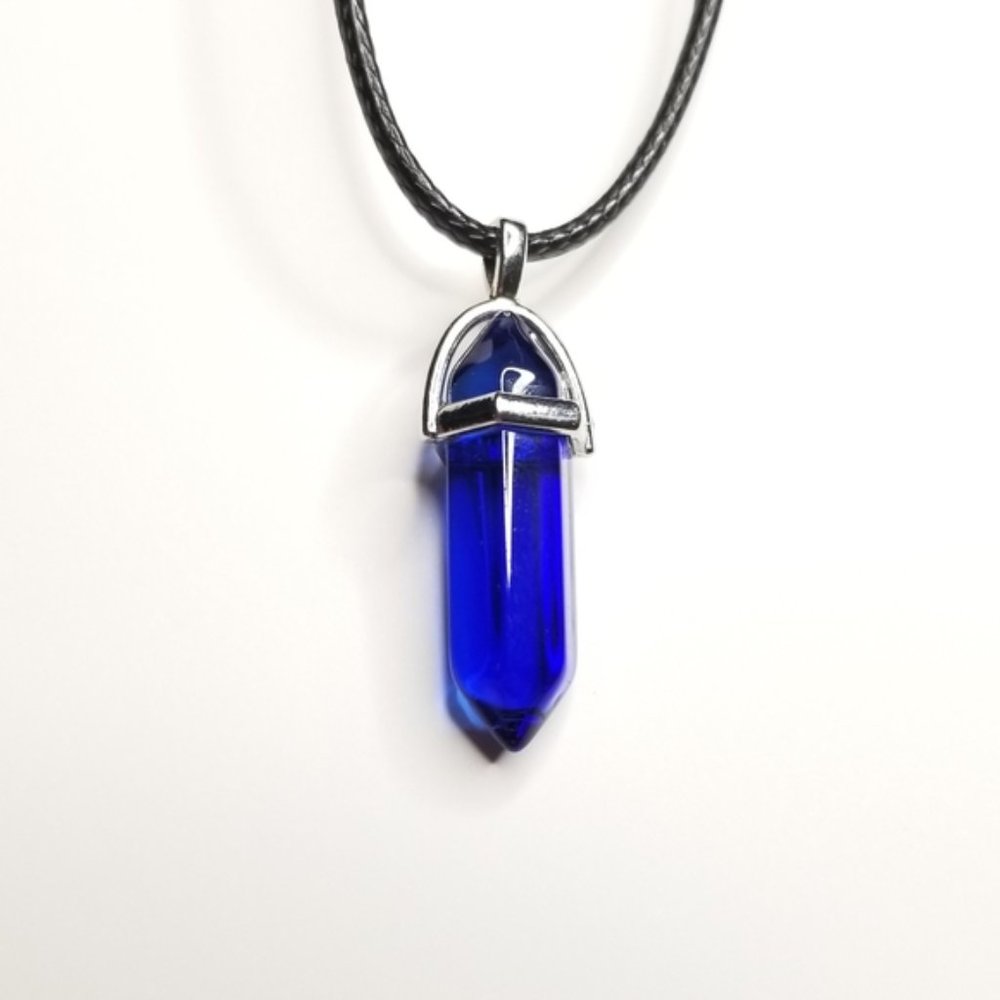 Blue Hexagonal Stone Pendant on Black Chord Necklace